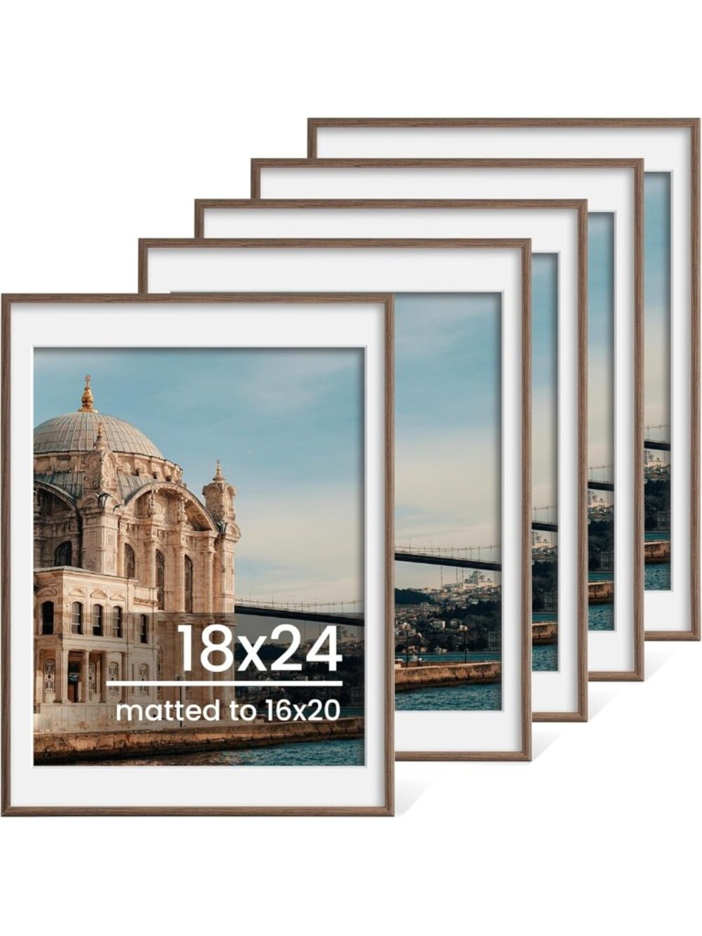 Set of 5 Walnut Woodgrain Picture Frames for 16x20 & 18x24 Photos, Gallery Wall